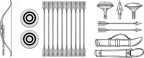 Archery equipment line art illustration featuring bow, arrows, arrowheads, targets, quiver, traditional weapon design, detailed black and white outline drawing