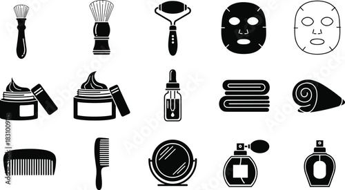 Beauty skincare icon set with creams, masks, brushes, rollers, towels, combs, mirror, perfume bottles, cosmetic line art illustrations
