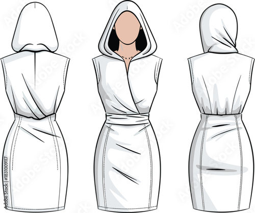 Sleeveless hooded wrap dress sketch, fashion illustration with V-neckline, fitted silhouette, cad drawing flat vector illustration, garment design