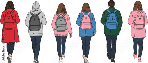 Back view illustration of diverse people walking with backpacks wearing coats and hoodies for lifestyle fashion design and urban character concepts