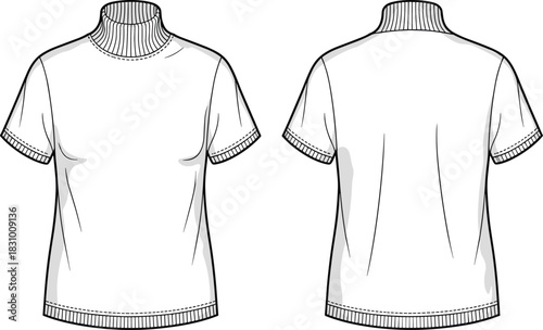 Short-sleeve turtleneck sweater sketch, front and back fashion view, ribbed collar detail, cad drawing flat vector illustration