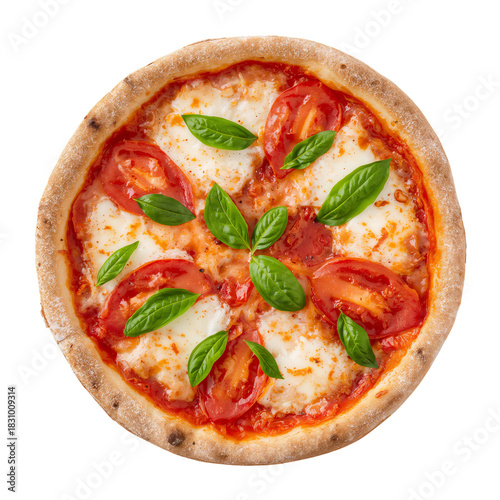 Freshly Made Pizza Topped With Mozzarella, Tomatoes, and Basil on a White Bac...
