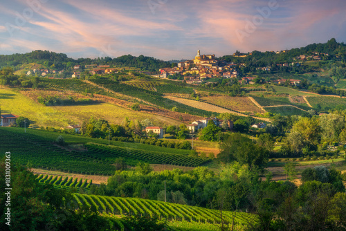 Sunset Over Langhe and Monferrato Vineyards and Montegrosso d'Asti village