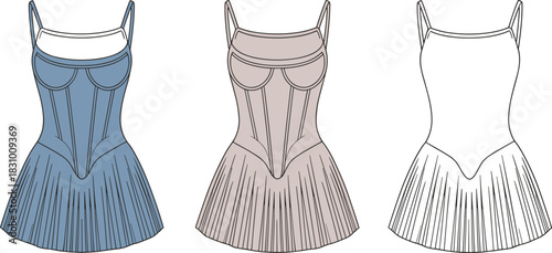 Structured pleated dress sketch, fitted bodice, seam detail, color variations, cad drawing flat vector illustration, front view set