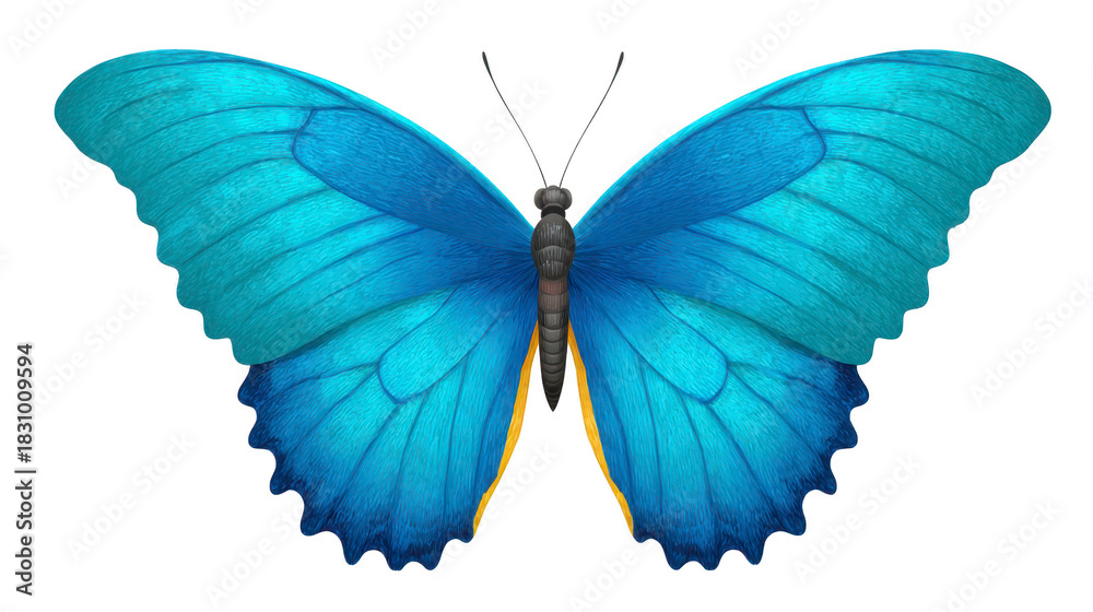 Obraz premium Blue butterfly with vibrant wings, detailed texture, and symmetrical pattern, isolated on transparency background, symbolizing transformation and beauty, evokes sense of calm and wonder