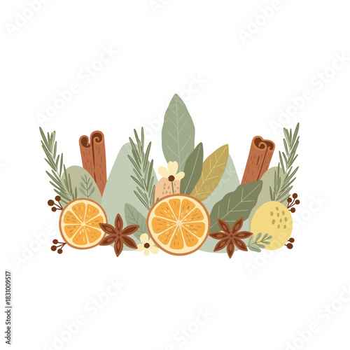 Wreath made of aromatic herbs and spices with citrus fruits design  