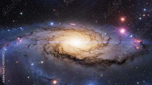 Swirling galaxy with a bright center, surrounded by colorful stars against a backdrop of dark space