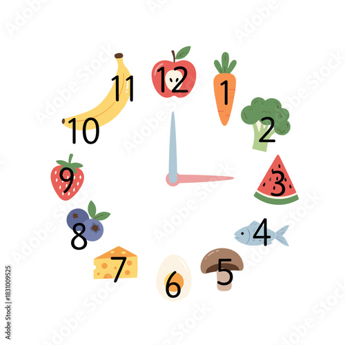 Clock with healthy food icons instead of numbers representing time  