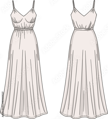 Sleeveless V-neck long dress sketch, gathered and smooth waistband comparison, front fashion view, cad drawing flat vector illustration