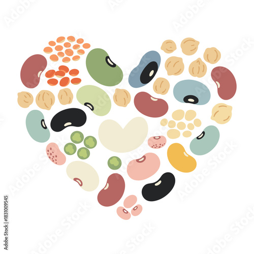 Heart shape composed of assorted colorful legumes illustrating concept of Healthy eating and organic food ingredients  