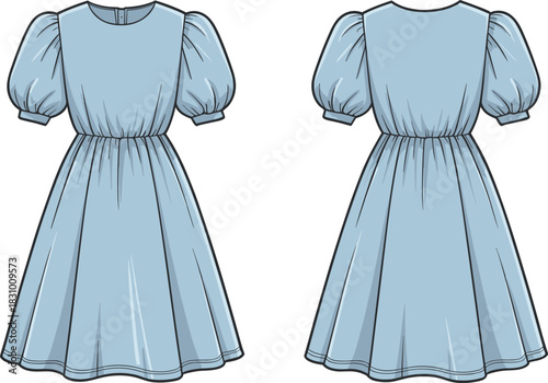 Puff-sleeve short dress sketch, gathered waist and flared skirt detail, front and back view, cad drawing flat vector illustration