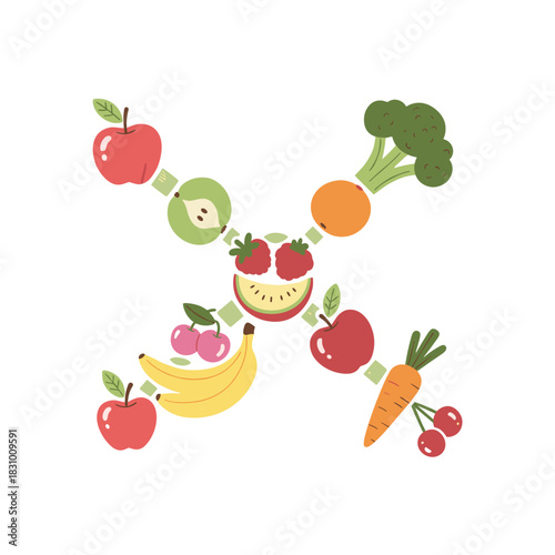 Colorful molecular structure made of fruits and vegetables representing Healthy eating and organic food ingredients  