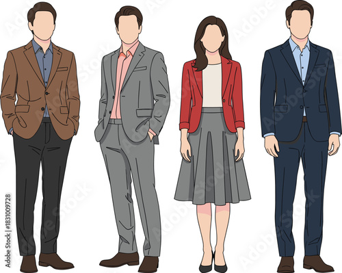 Business professionals wearing formal office outfits, man and woman corporate attire illustration showing modern workplace fashion, leadership, teamwork and professional appearance design