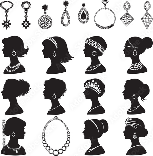 Collection of black silhouette female profiles adorned with vintage jewelry woman head