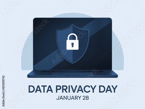 Protecting personal information on data privacy day with a locked shield on a laptop screen