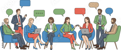 Business team discussing ideas in casual office meeting with laptops, speech bubbles, teamwork collaboration and modern workplace communication illustration vector