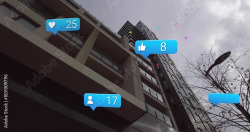 After like bubble appearing top-right blue bubbles growing over tower floating showing engagement