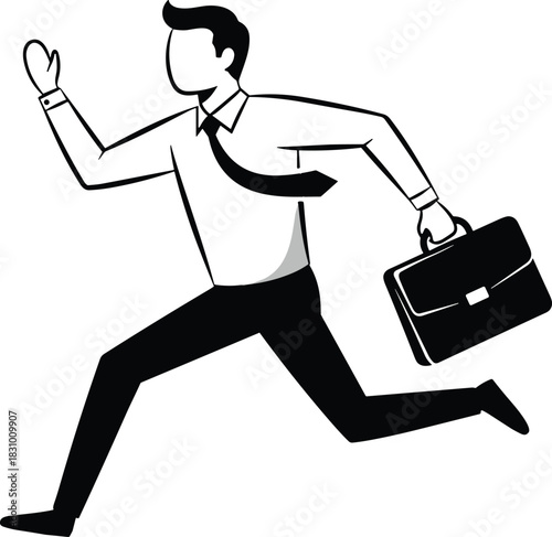 Businessman running with briefcase in hand, symbolizing urgency, deadline pressure, office rush, fast work pace, modern corporate lifestyle illustration