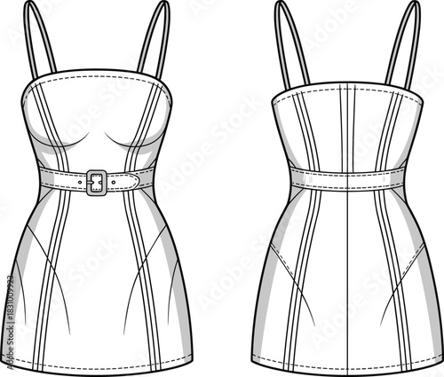 Sleeveless belted mini dress sketch, princess seam and fitted silhouette detail, front and back view, cad vector illustration