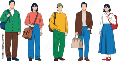 Casual people standing wearing stylish outfits with bags modern fashion illustration diverse characters isolated vector design perfect for lifestyle advertising and branding