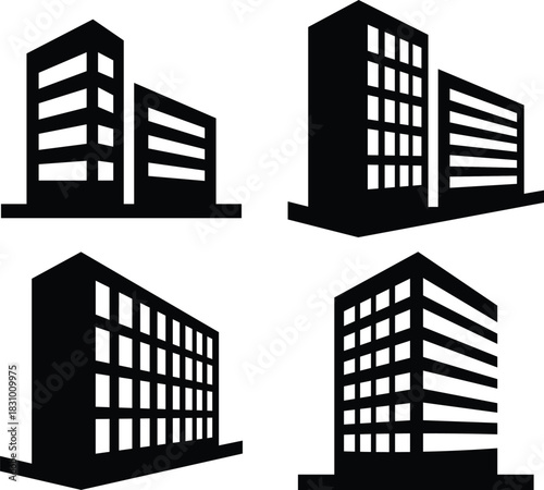 Four black building icons with grid windows on white background architecture city