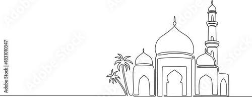 continuous line drawing of a mosque, line art vector illustration
