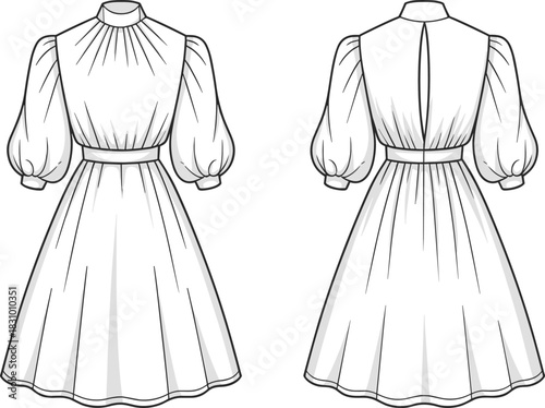 High neck puff sleeve dress sketch, gathered bodice, belt waist, keyhole back, cad drawing flat vector illustration