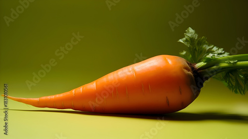 Closeup of a fresh carrot with green leaves on a yellow surface,  showcasing its vibrant color and natural texture in a studio shot