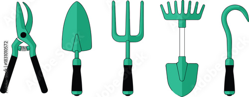 Collection of gardening tools including pruner, trowel, fork, rake, and sickle illustrated in modern flat style for outdoor garden work