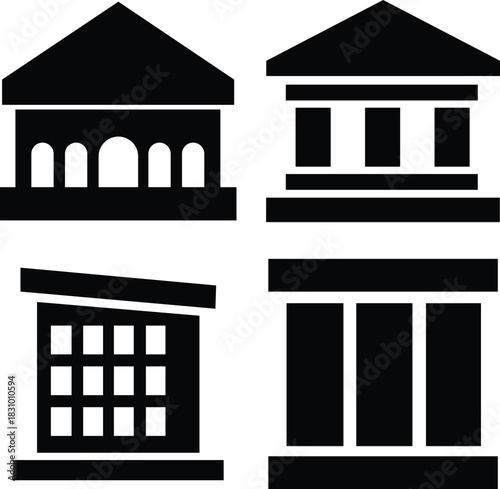 Four black building icons with different architectural styles architecture government