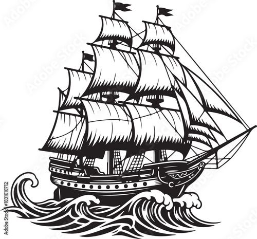 Classic tall ship sailing on ocean waves, vintage nautical art