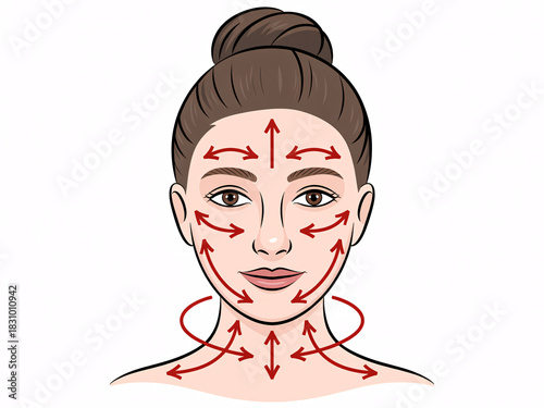 Unlock radiant skin with this illustration showing a woman's face and effective massage techniques for a rejuvenating skincare routine and youthful glow
