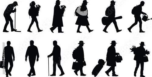 Collection of walking people silhouettes carrying bags, flowers, canes, instruments, and luggage, depicting various everyday activities in black vector style.