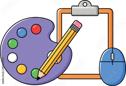 Colorful art palette with pencil clipboard and computer mouse icon representing creativity design tools digital illustration and artistic workspace concept
