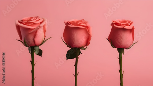 Three pink roses on a pink background,  showcasing their delicate petals and vibrant color,  creating a simple yet elegant floral composition