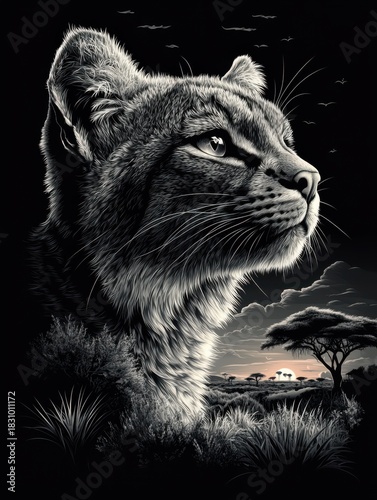 Wildcat at Sunset: A majestic creature watches the African savanna.