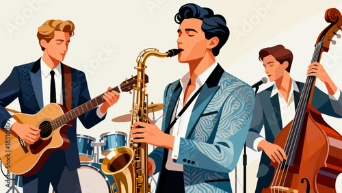 This illustration depicts a musical band (with guitar, bass, drums, and a singer) performing energetically on a stage under colorful stage lights, capturing the lively atmosphere of a live concert.