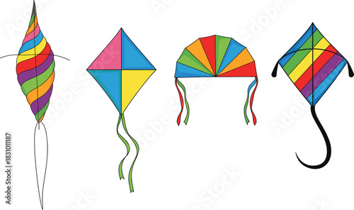 Colorful kite illustration set featuring vibrant flying kites in various shapes and patterns for festivals, celebrations, outdoor activities and playful decorative design