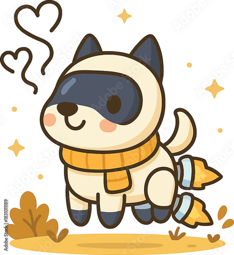 Cute cartoon dog with rocket boosters and scarf flying with hearts kawaii animal