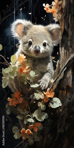 A cute koala bear nestled in a tree, surrounded by vibrant orange flowers, exuding a playful and charming demeanor.