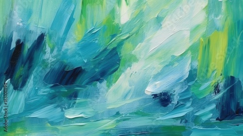 Abstract painting featuring a blend of vibrant greens and blues, evoking a serene, natural atmosphere.