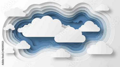 Artistic paper cut illustration featuring layered clouds and a blue sky background, creating a 3D effect.