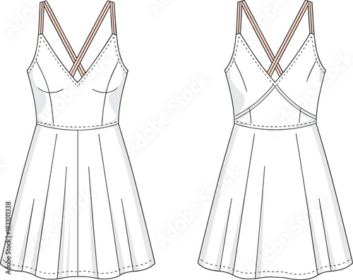 Sleeveless dress technical sketch, fashion design vector, front and back view, V-neck, crisscross straps, princess seams, cad drawing flat vector illustration