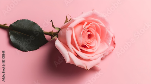 A beautiful pink rose with lush petals and a vibrant green leaf resting on a soft pink surface,  creating a serene and elegant composition