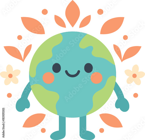 Cute cartoon planet earth character with smiling face and floral elements globe world