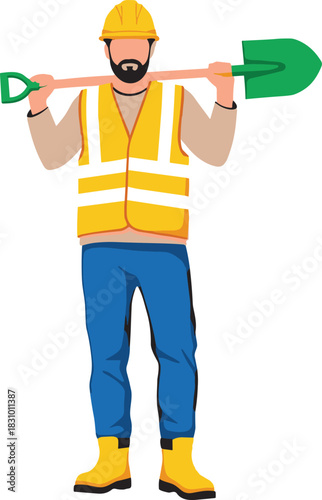 Construction worker holding shovel wearing hard hat safety vest boots standing ready for labor at worksite illustration for industry and teamwork