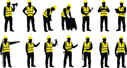 Construction worker silhouettes wearing safety vests and hard hats in various job poses holding tools and equipment for industrial work illustration
