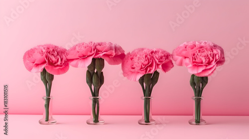 Four vibrant pink carnations in elegant glass vases against a matching pink backdrop,  creating a harmonious and visually appealing floral arrangement