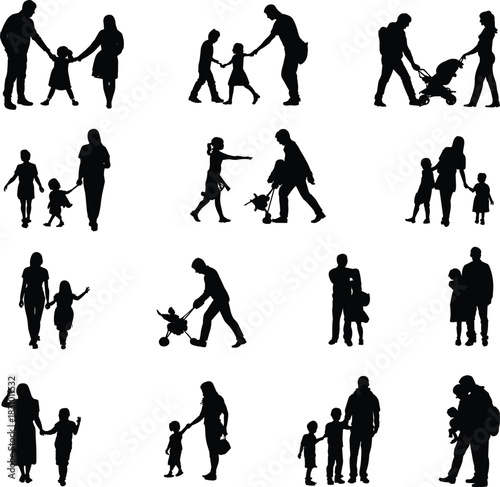 Parent and child silhouettes, family poses, walking, playing, bonding, black icons, stroller scenes, caregiving moments, isolated interaction set