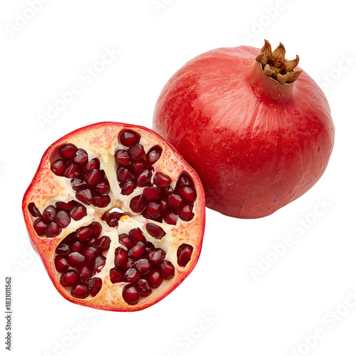 Freshly Cut Pomegranate With Vibrant Red Seeds and White Pulp on a Plain Back...